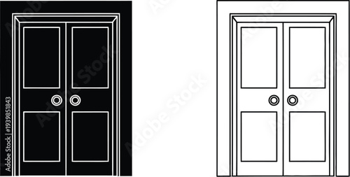 Black and white doors with lines isolated on transparent background, Vector