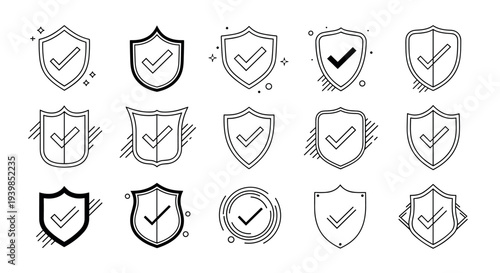 Security Shield Check Mark Icon Set for Protection, Data Safety Verification, Cyber Security Approval, and Trusted Privacy Symbols for Digital Interfaces