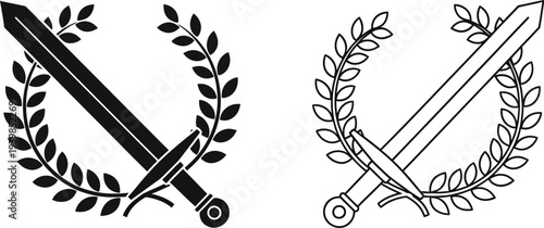 Sword laurel wreath icon black white line art isolated on transparent background, Vector