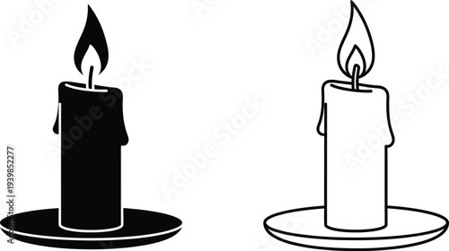 Black and white candles with flames on plates isolated on transparent background, Vector