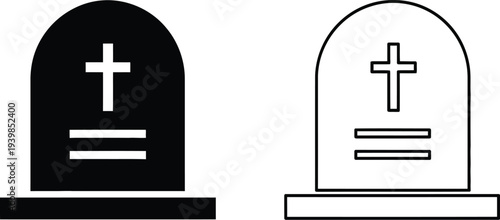 Tombstones with crosses black and white icon set isolated on transparent background, Vector