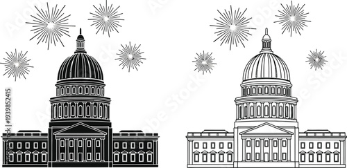 Fireworks illustration state capitol building isolated on transparent background, Vector