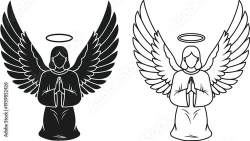 Praying angel clipart, black and white guardian angel illustrations isolated on transparent background, Vector
