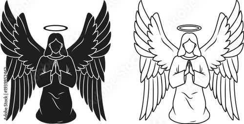 Praying angel clipart, black and white angel illustrations isolated on transparent background, Vector