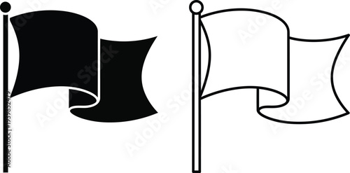 Black and white flags waving on poles isolated on transparent background, Vector