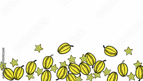 Starfruit frame Pattern. Carambola Fruit Illustration. Handdrawn Tropical Food Doodle. Repeating Exotic Fruit Texture. Minimalist Botanical Background. Fresh Fruit Pattern Design.