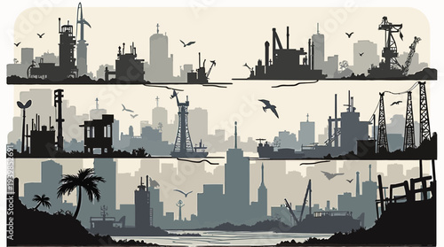 Monochromatic industrial city skyline vector illustration with factories and ships