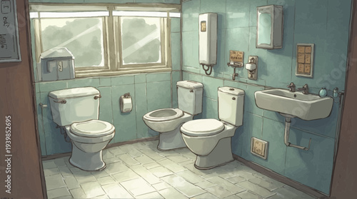 A public restroom interior featuring multiple toilets, a sink, tiled walls, and bright windows.