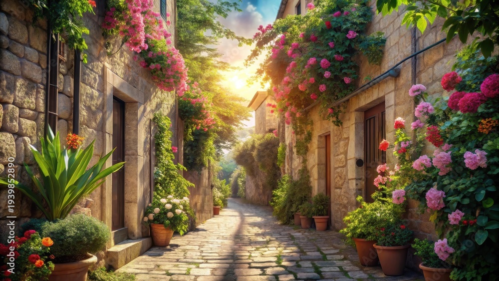 Fototapeta premium A closeup of a narrow cobblestone street lined with blooming flowers, surrounded by ancient stone walls and lush greenery