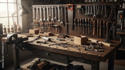 A cluttered workbench in a sunlit workshop, with various tools neatly organized