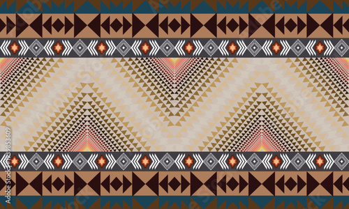 Seamless southwestern tribal geometric pattern with ethnic rug motifs and triangle shapes in earth tone colors. Traditional textile background for fabric and decorative design.