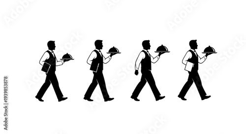 Four silhouettes of waiters in uniform carrying serving trays with cloches walking in single file against a white
