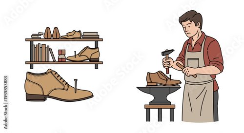 Skilled shoemaker crafting leather footwear on anvil with hammer shelves of shoes and tools traditional artisan
