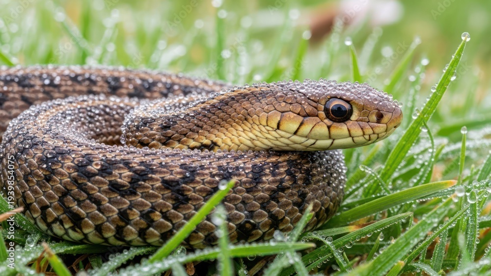 Fototapeta premium A coiled snake rests in dewy grass, showcasing detailed scales and a watchful gaze