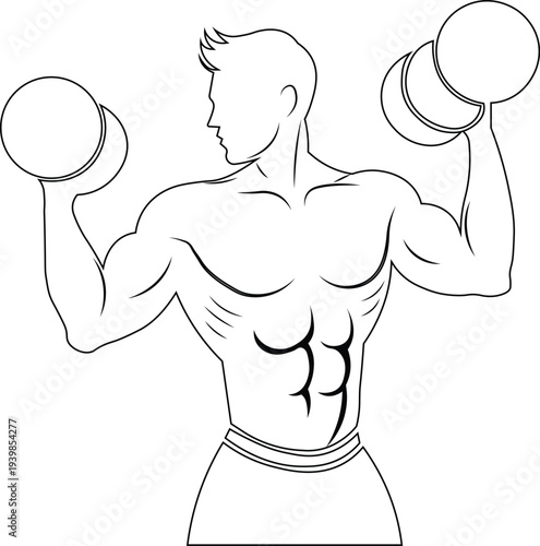 Muscular bodybuilder outline art with dumbbells minimalist fitness man vector illustration