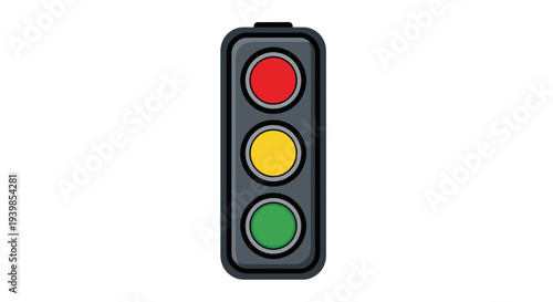 Vertical traffic light with red yellow and green signal lights illuminated isolated on a clean white background