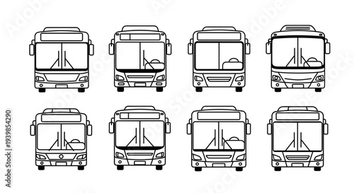 Collection of diverse bus front view illustrations showcasing varied designs and models for urban public transportation