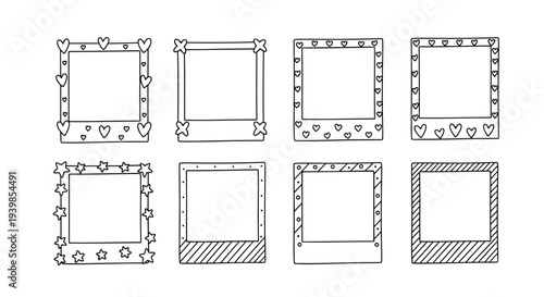 Hand drawn polaroid photo frames with decorative borders including hearts stars and stripes perfect for scrapbooking