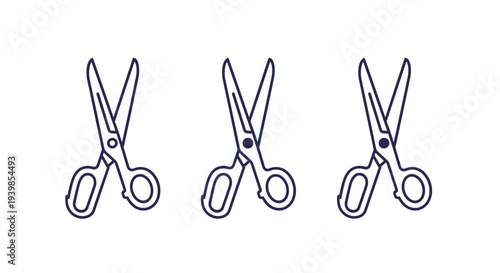 Three open outline scissors in a row on a clean white background representing cutting crafting and precision tools