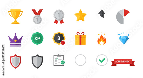 Gamification and Reward System Icon Set, Flat Design Achievement Elements for App UI, Education, and Business Progress Tracking