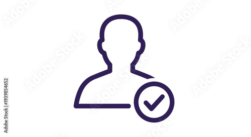 Simple user profile icon with a checkmark symbol indicating approval confirmation or successful registration presented