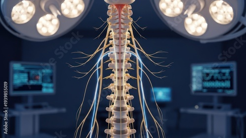 A detailed medical illustration showing a spinal cord and surrounding nerves in a surgical environment