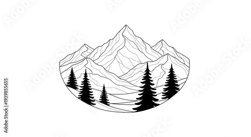 Minimalist Mountain Range with Pine Trees Line Art Tattoo Stencil. transparent.