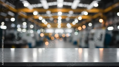 Empty metal tabletop for product display with a blurred industrial factory background. Modern steel counter for mockup presentation in a brightly lit manufacturing warehouse