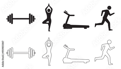 Set of fitness icons, vector silhouette and outline for workout, exercise, and sports.