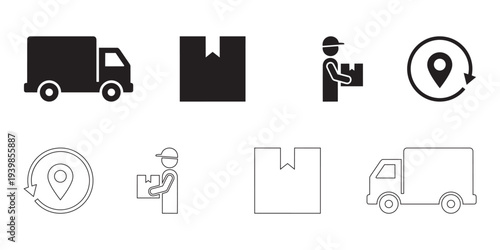 Delivery truck shipping service with parcel box and logistics tracking location icons vector set