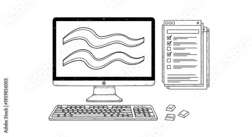 Modern computer setup with keyboard and monitor displaying wavy lines alongside stacked documents and paperclips