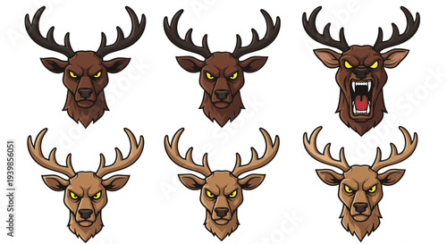 Collection of six menacing stylized deer heads with glowing eyes and sharp teeth representing different levels