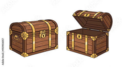 Antique wooden treasure chest one closed and one open showcasing golden metal details and intricate craftsmanship