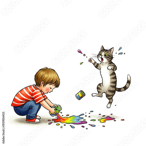 Little boy spilling colorful paint on the floor while a startled tabby cat jumps in surprise, isolated on white background