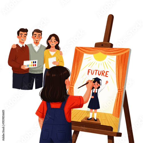 Little girl painting her future dream on canvas with parents watching