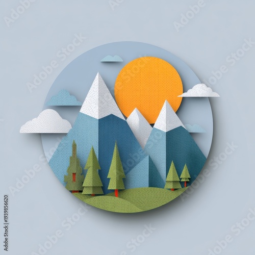 Paper Cut Mountains - Serene Landscape with Sun, Trees, and Clouds in Circular Composition.