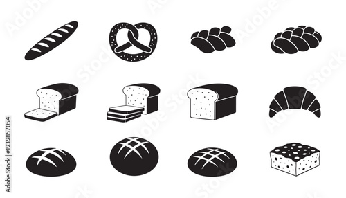 Set of various bread and bakery products black silhouette vector illustration collection