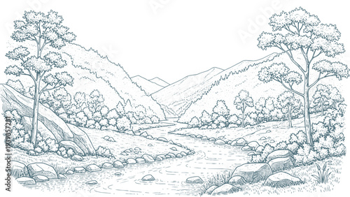 Mountain river landscape vector illustration showing valley with trees and stones in sketchy style