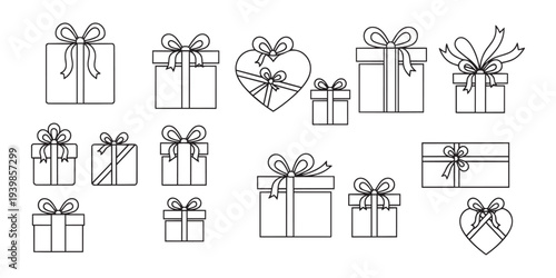 Gift box icons collection with various ribbons and shapes in thin line vector illustration format