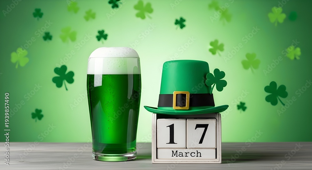 Naklejka premium St patrick's day celebration with green beer and leprechaun hat on march 17th