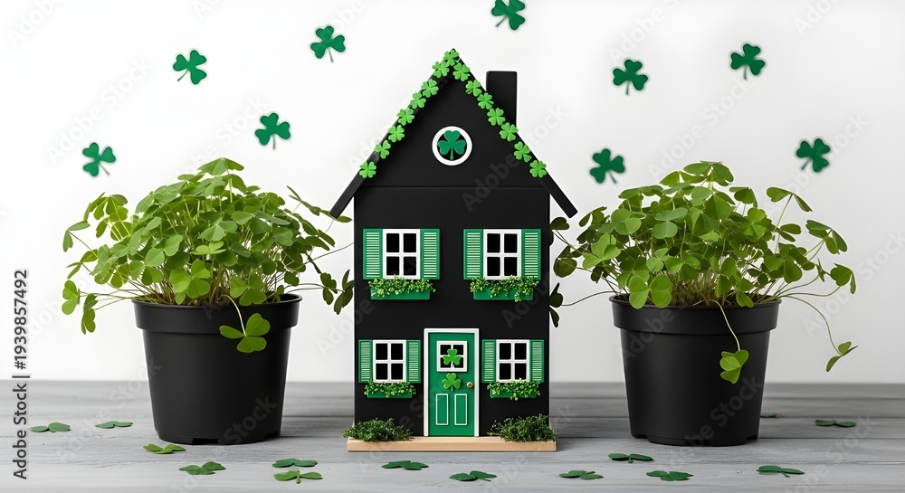 Naklejka premium St patricks day decorations with green house and shamrock plants