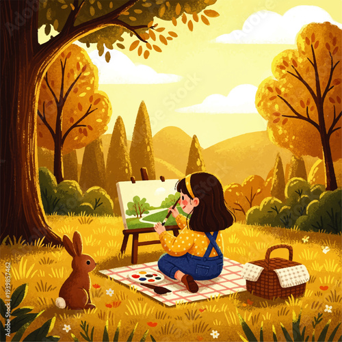 A cute little girl painting on a canvas in a beautiful autumn park with a bunny sitting nearby and a picnic basket on a checkered blanket in a warm golden sunset light