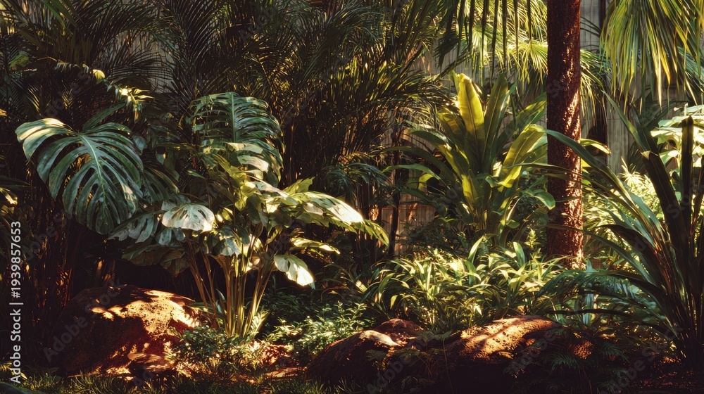 Naklejka premium Lush Tropical Jungle Landscape with Sunlight Filtering Through Leafy Canopy and Vibrant Green Plants in Natural Habitat