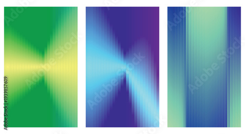 Set of three abstract vertical backgrounds with vibrant glitch gradient effects and vertical light rays for modern digital posters and social media stories