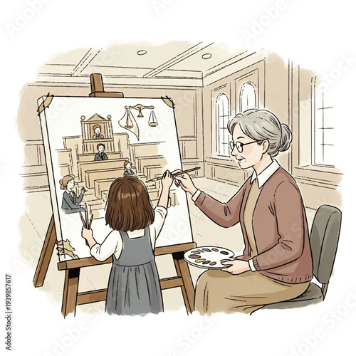 An elderly woman teaching a young girl how to paint a courtroom scene on an easel