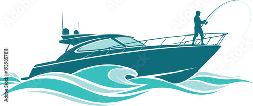 Deep sea fishing boat vector silhouette with angler catching fish on ocean waves in a teal and turquoise graphic style