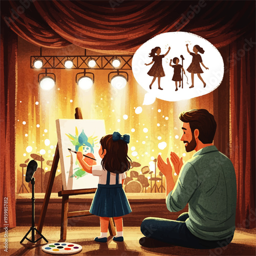 Little girl painting on stage with father watching and imagining her performing