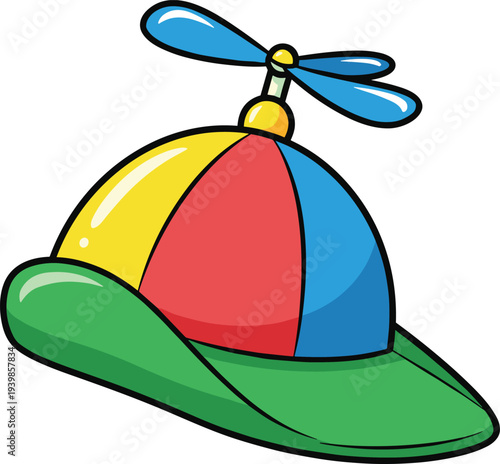 Colorful propeller beanie hat vector illustration featuring a vibrant multi-colored panels design with a blue spinning top propeller toy