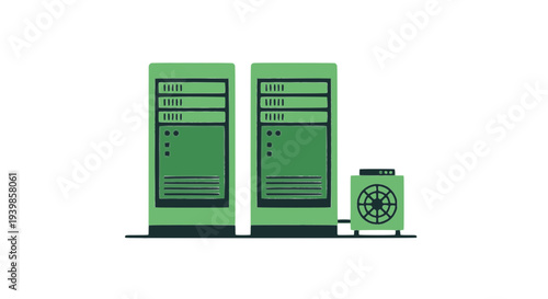 Flat vector illustration of industrial server racks paired with an external cooling unit, depicting high-performance data center infrastructure and enterprise IT thermal management solutions.
