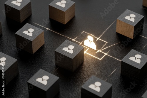 Networked Wooden Blocks with Person Icons, Glowing Connections, Dark Background.